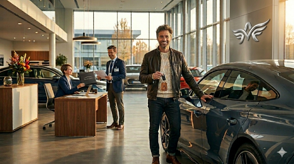 Persona feliz y confiada en su nuevo coche